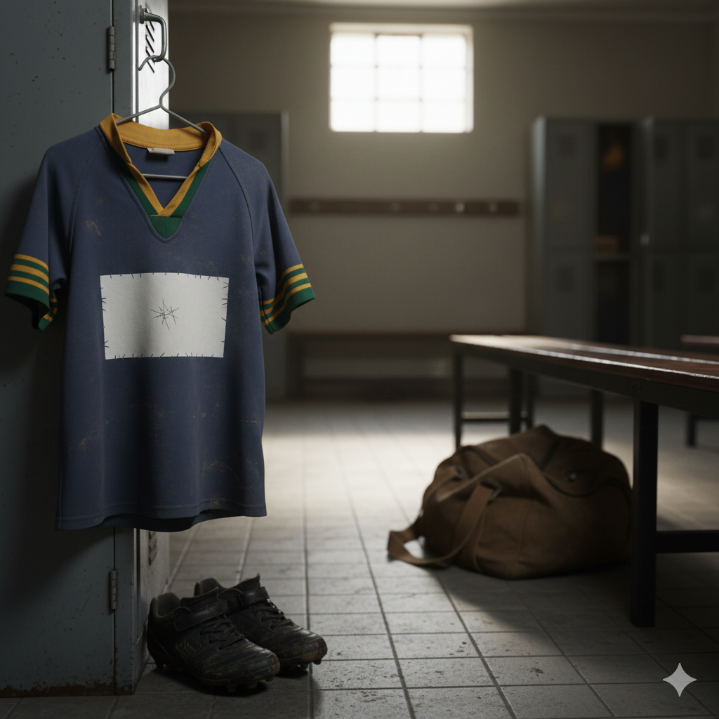 A jersey in a locker room with the sponsor logo removed